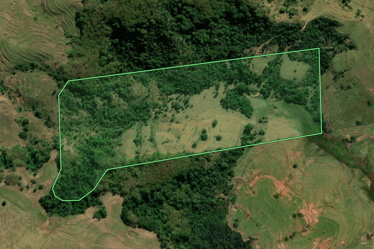 Imagem de satélite do imóvel rural em Pompéia (SP), com o contorno declarado no CAR desenhado por cima.