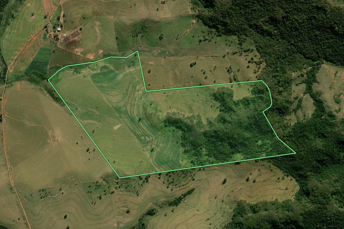 Imagem de satélite do imóvel rural em Pompéia (SP), com o contorno declarado no CAR desenhado por cima.
