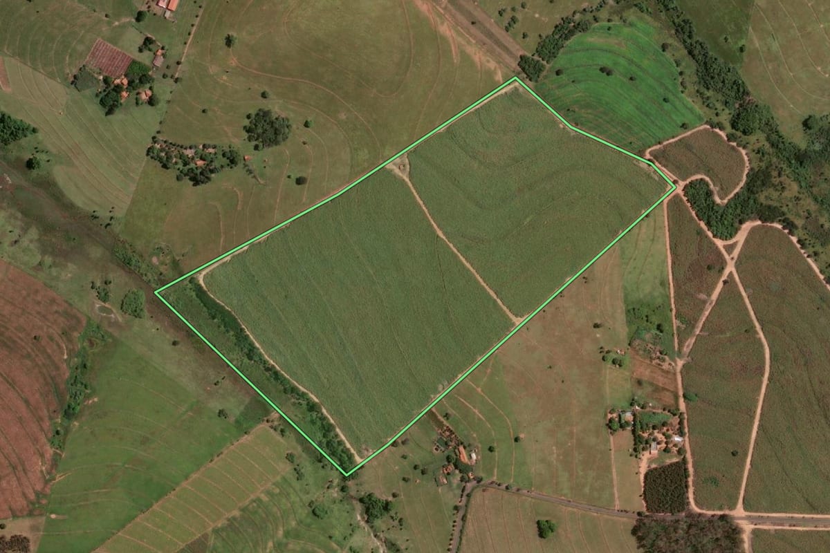 Imagem de satélite do imóvel rural em Pongaí (SP), com o contorno declarado no CAR desenhado por cima.