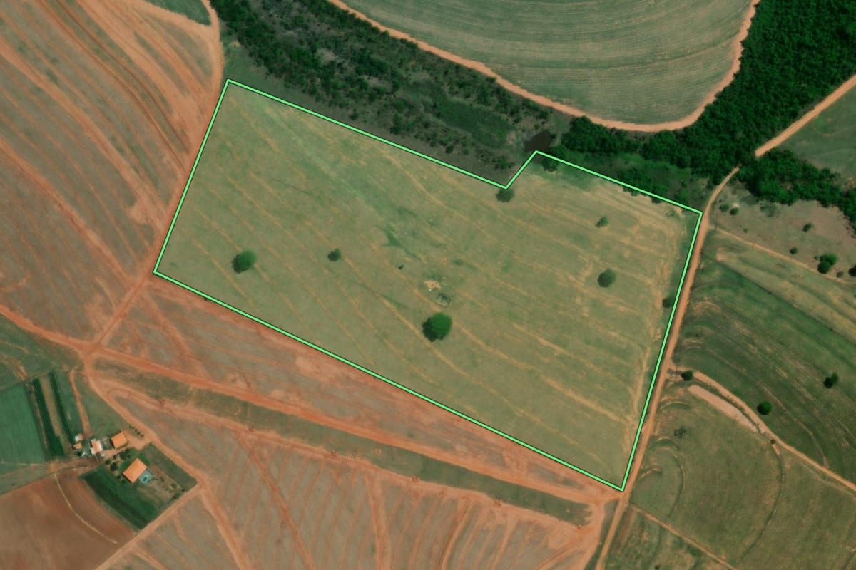 Imagem de satélite do imóvel rural em Pongaí (SP), com o contorno declarado no CAR desenhado por cima.