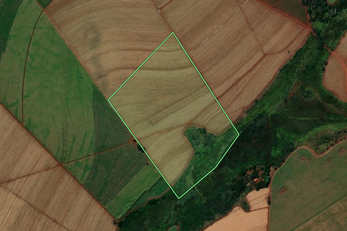 Imagem de satélite do imóvel rural em Pontal (SP), com o contorno declarado no CAR desenhado por cima.