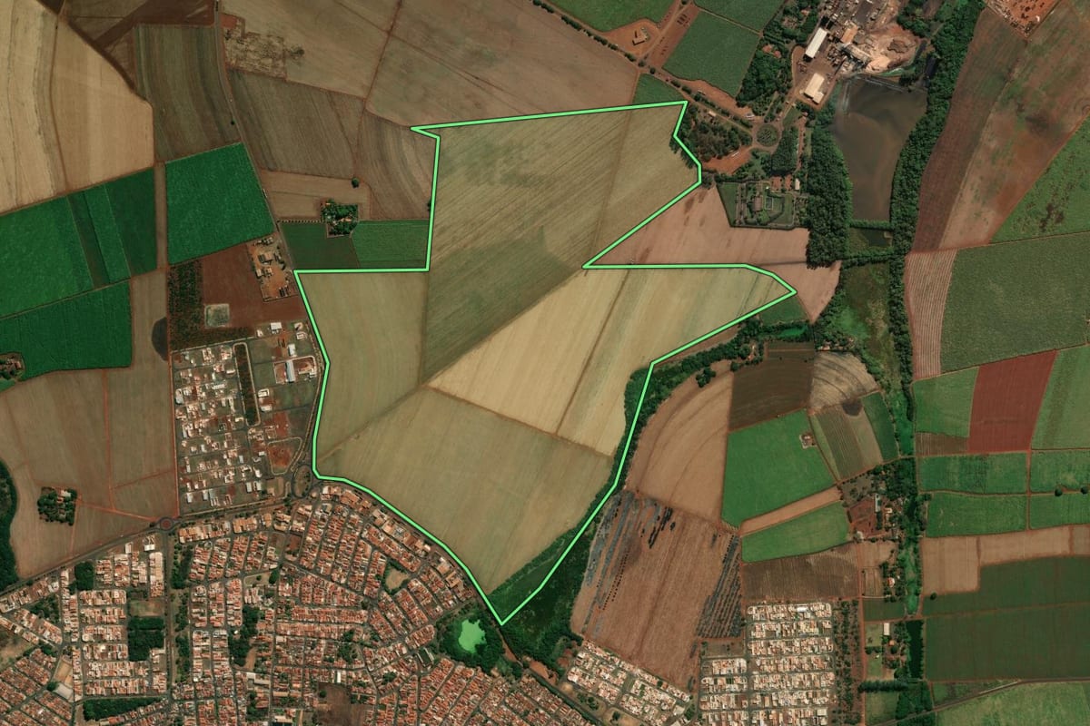 Imagem de satélite do imóvel rural em Pontal (SP), com o contorno declarado no CAR desenhado por cima.