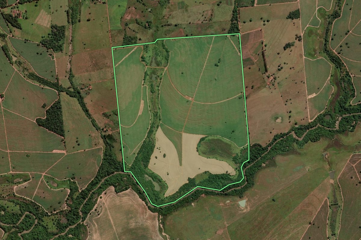 Imagem de satélite do imóvel rural em Pontalinda (SP), com o contorno declarado no CAR desenhado por cima.