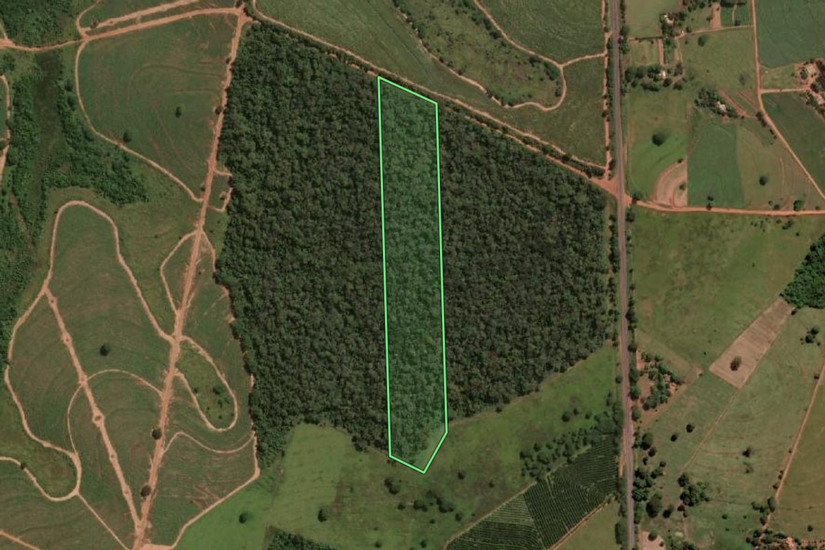 Imagem de satélite do imóvel rural em Pontalinda (SP), com o contorno declarado no CAR desenhado por cima.