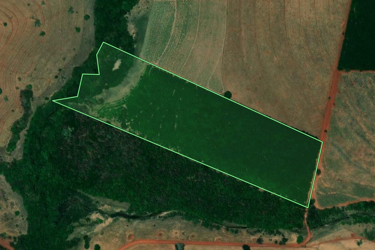 Imagem de satélite do imóvel rural em Pontalinda (SP), com o contorno declarado no CAR desenhado por cima.