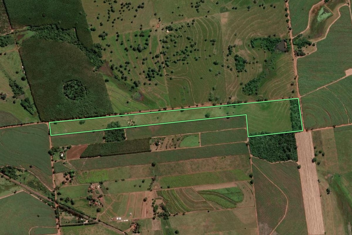Imagem de satélite do imóvel rural em Pontalinda (SP), com o contorno declarado no CAR desenhado por cima.