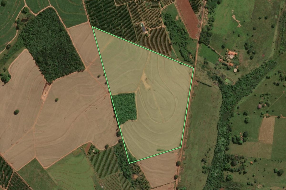 Imagem de satélite do imóvel rural em Pontalinda (SP), com o contorno declarado no CAR desenhado por cima.