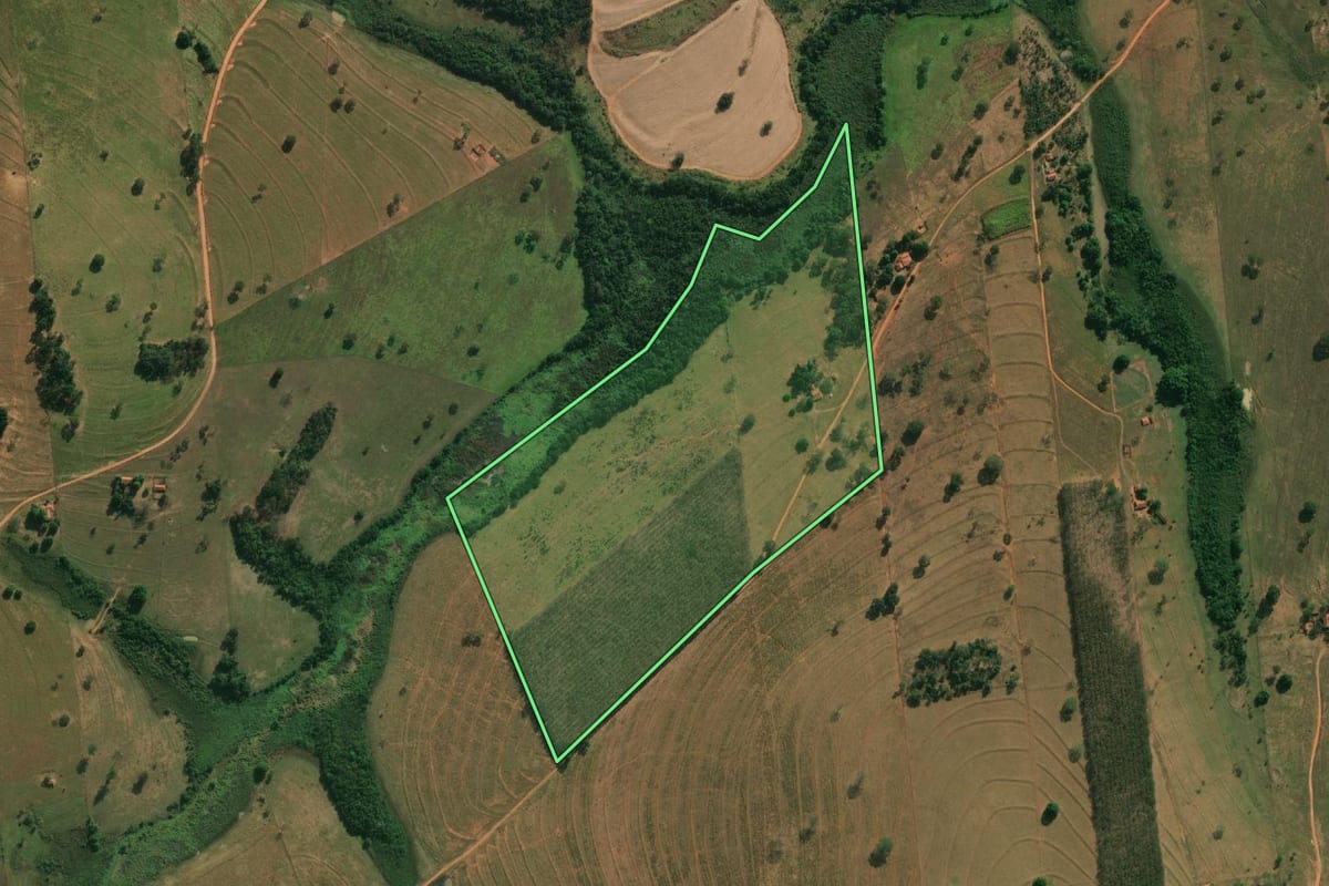 Imagem de satélite do imóvel rural em Pontes Gestal (SP), com o contorno declarado no CAR desenhado por cima.