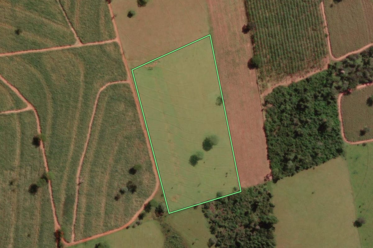 Imagem de satélite do imóvel rural em Pontes Gestal (SP), com o contorno declarado no CAR desenhado por cima.