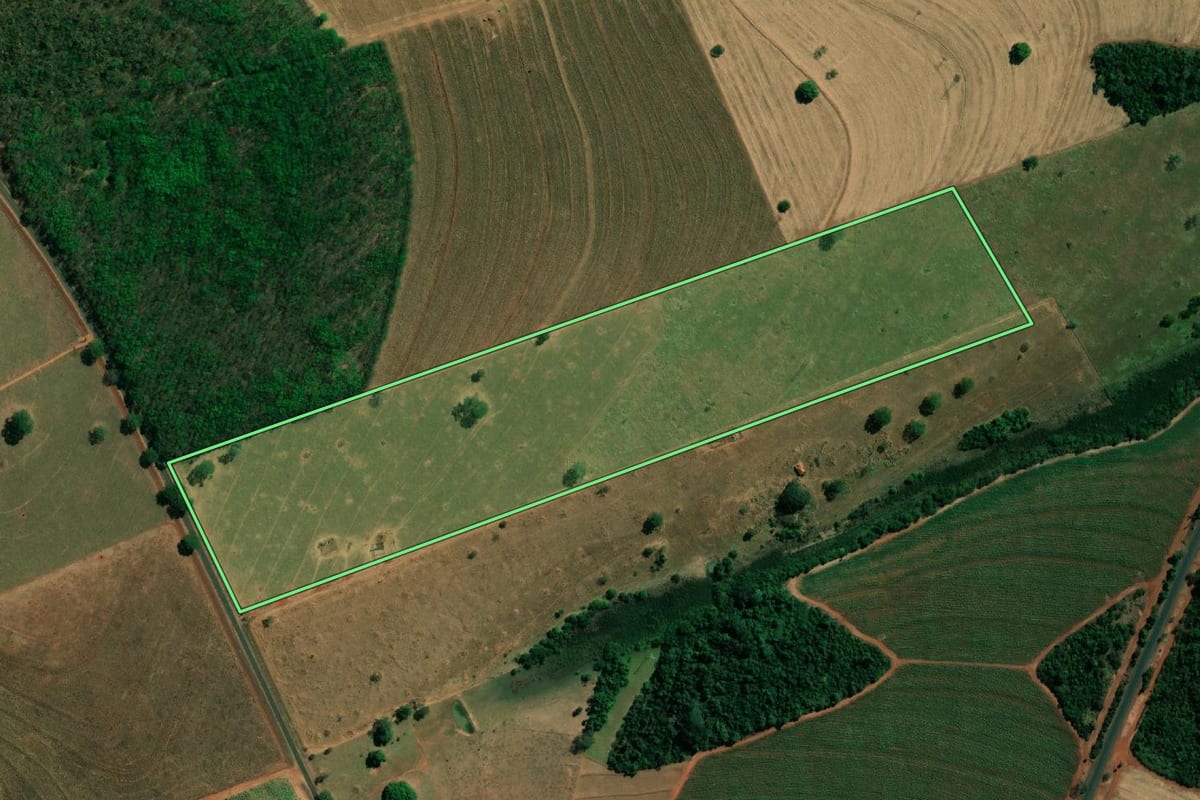 Imagem de satélite do imóvel rural em Populina (SP), com o contorno declarado no CAR desenhado por cima.