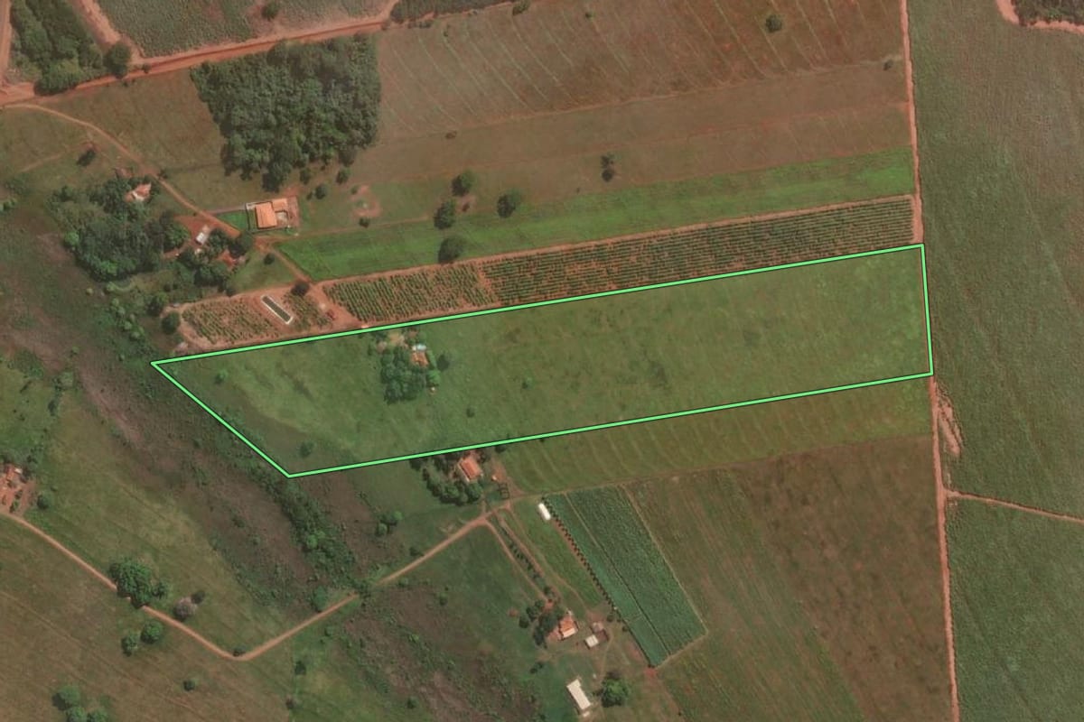 Imagem de satélite do imóvel rural em Populina (SP), com o contorno declarado no CAR desenhado por cima.