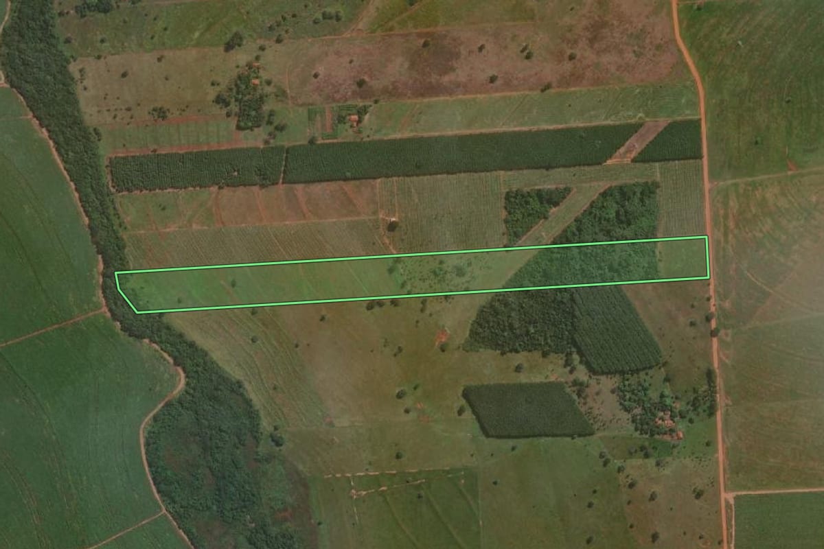 Imagem de satélite do imóvel rural em Populina (SP), com o contorno declarado no CAR desenhado por cima.