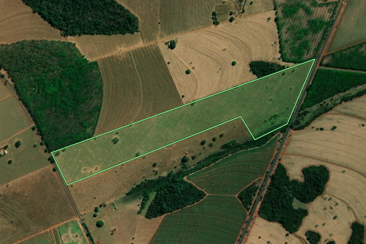 Imagem de satélite do imóvel rural em Populina (SP), com o contorno declarado no CAR desenhado por cima.