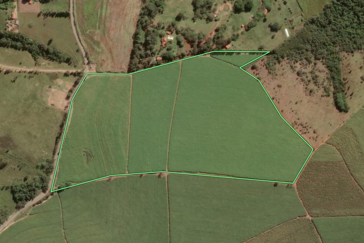 Imagem de satélite do imóvel rural em Porto Feliz (SP), com o contorno declarado no CAR desenhado por cima.