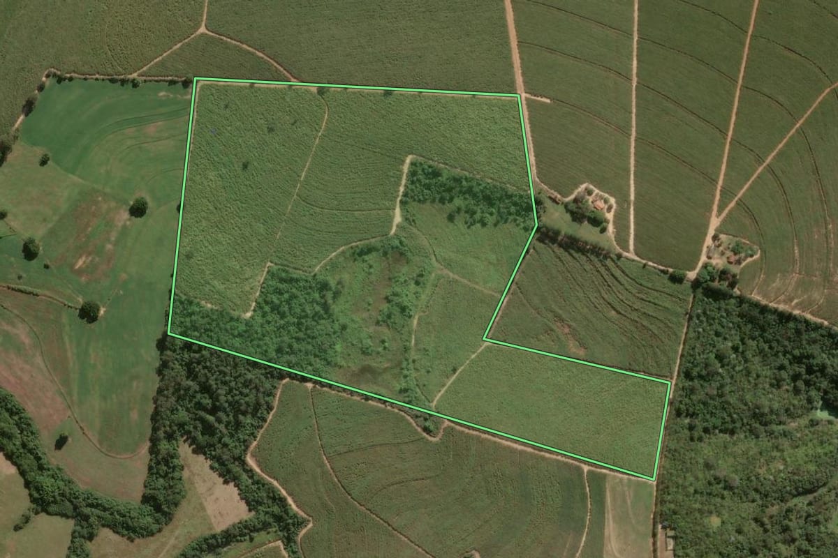Imagem de satélite do imóvel rural em Porto Feliz (SP), com o contorno declarado no CAR desenhado por cima.