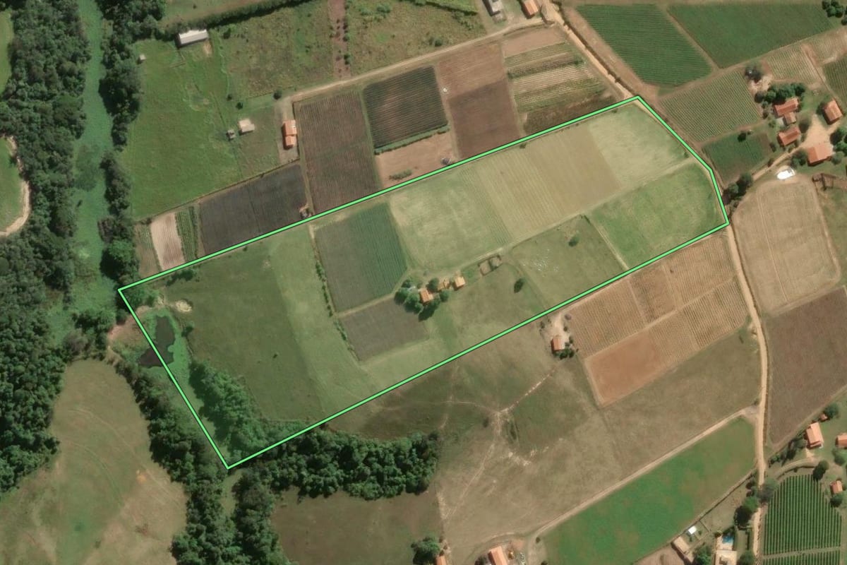 Imagem de satélite do imóvel rural em Porto Feliz (SP), com o contorno declarado no CAR desenhado por cima.