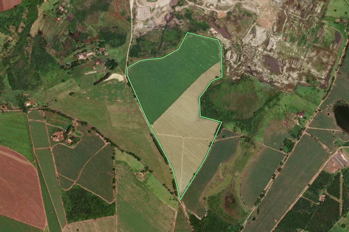 Imagem de satélite do imóvel rural em Porto Ferreira (SP), com o contorno declarado no CAR desenhado por cima.
