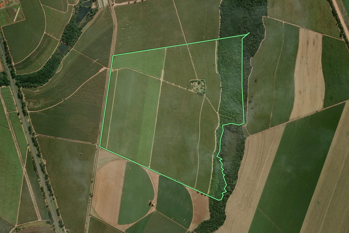 Imagem de satélite do imóvel rural em Porto Ferreira (SP), com o contorno declarado no CAR desenhado por cima.