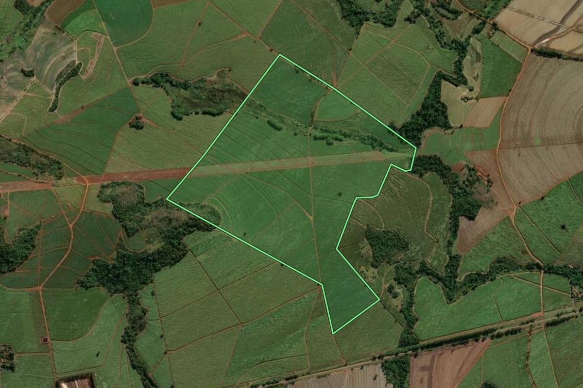 Imagem de satélite do imóvel rural em Porto Ferreira (SP), com o contorno declarado no CAR desenhado por cima.
