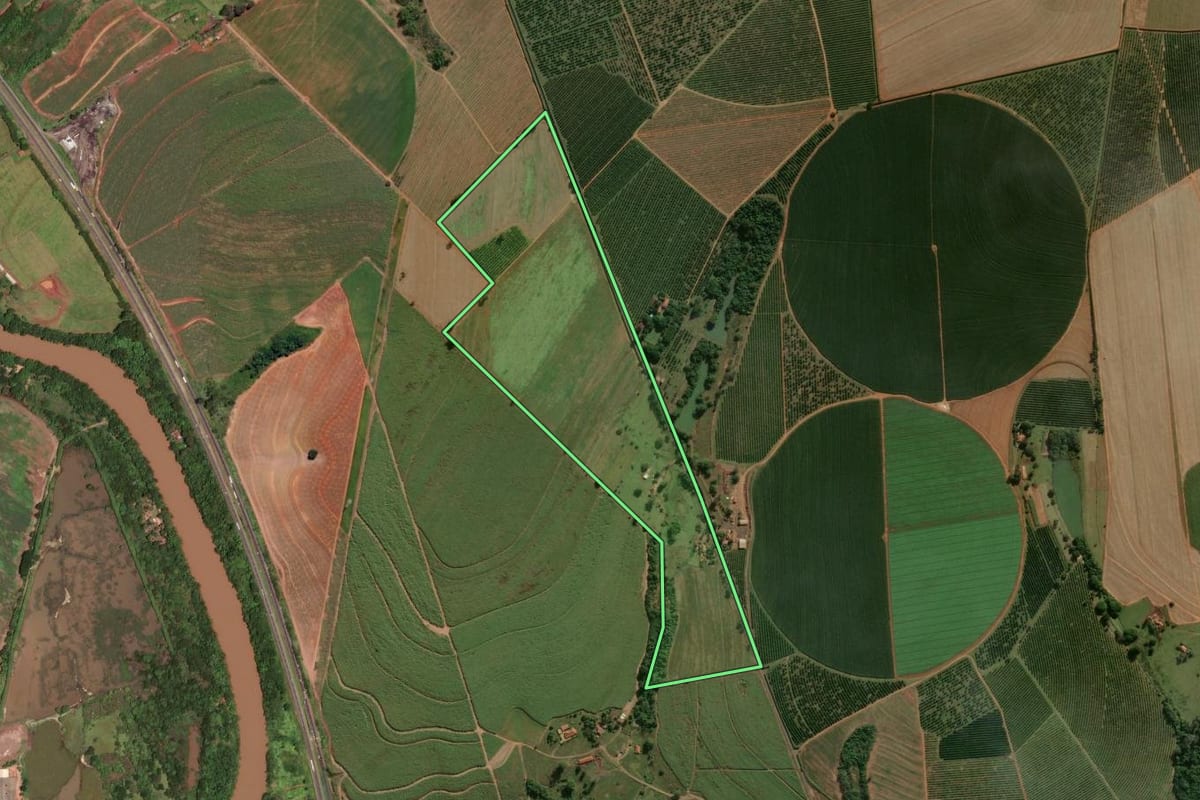Imagem de satélite do imóvel rural em Porto Ferreira (SP), com o contorno declarado no CAR desenhado por cima.