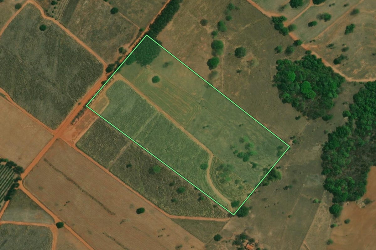 Imagem de satélite do imóvel rural em Potirendaba (SP), com o contorno declarado no CAR desenhado por cima.