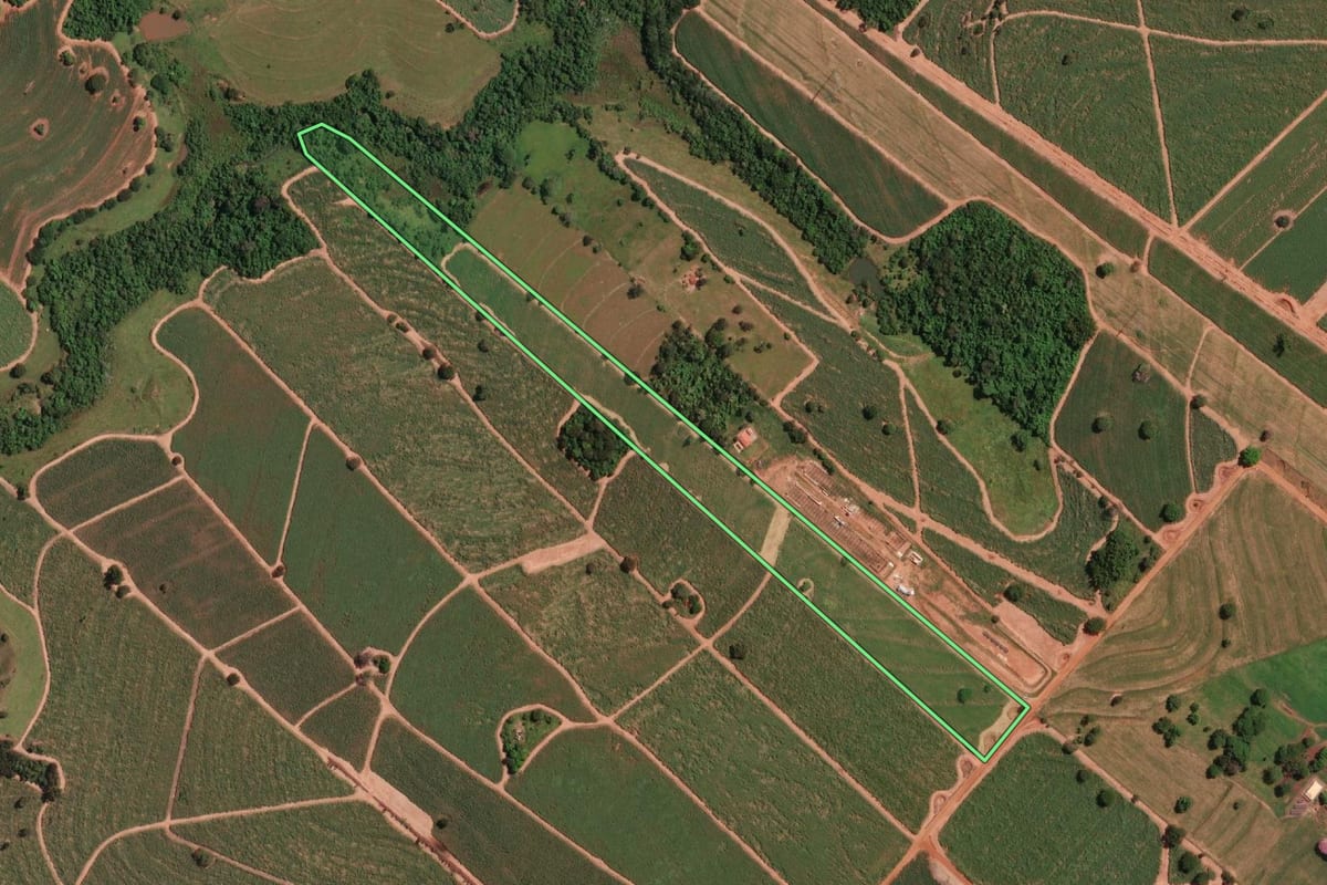 Imagem de satélite do imóvel rural em Potirendaba (SP), com o contorno declarado no CAR desenhado por cima.