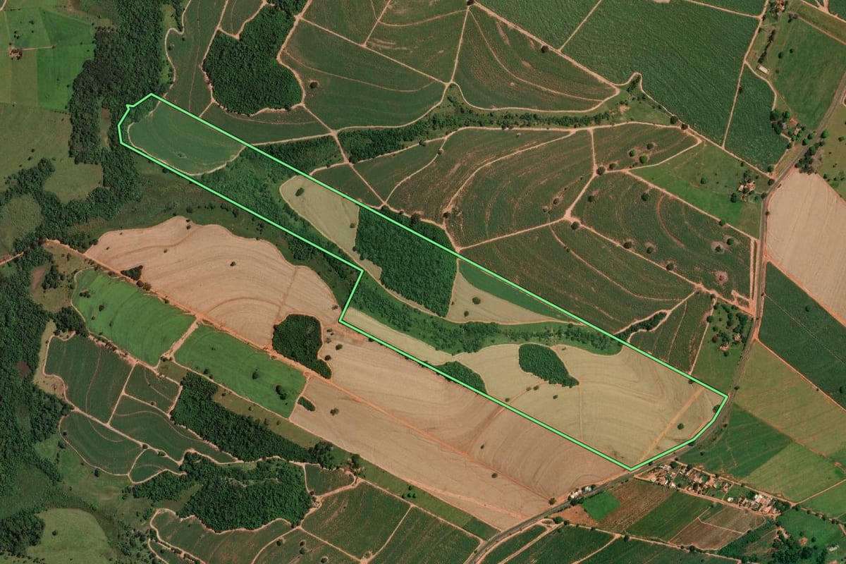 Imagem de satélite do imóvel rural em Potirendaba (SP), com o contorno declarado no CAR desenhado por cima.