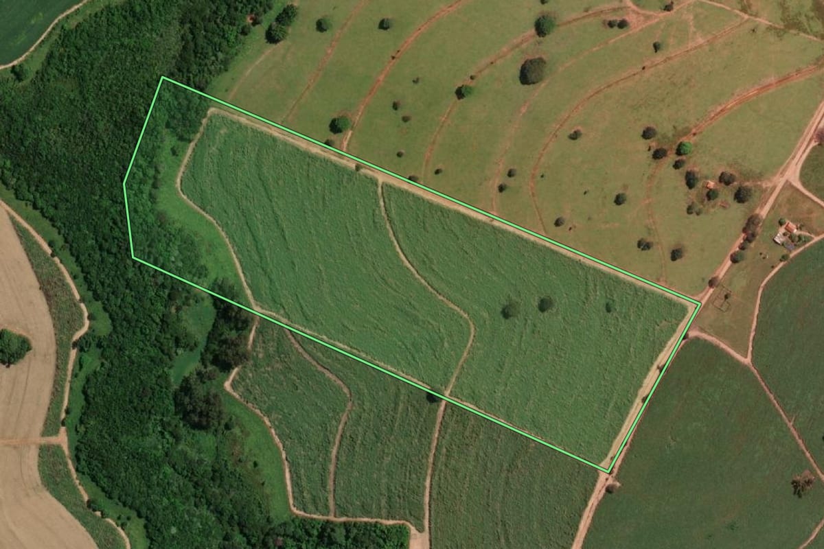 Imagem de satélite do imóvel rural em Potirendaba (SP), com o contorno declarado no CAR desenhado por cima.