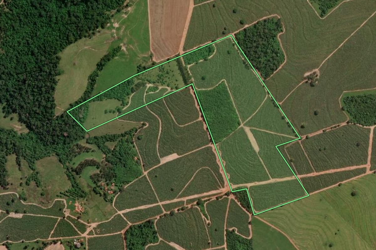 Imagem de satélite do imóvel rural em Potirendaba (SP), com o contorno declarado no CAR desenhado por cima.