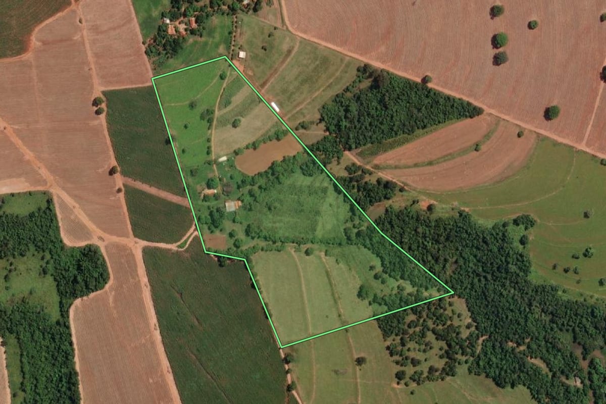Imagem de satélite do imóvel rural em Potirendaba (SP), com o contorno declarado no CAR desenhado por cima.