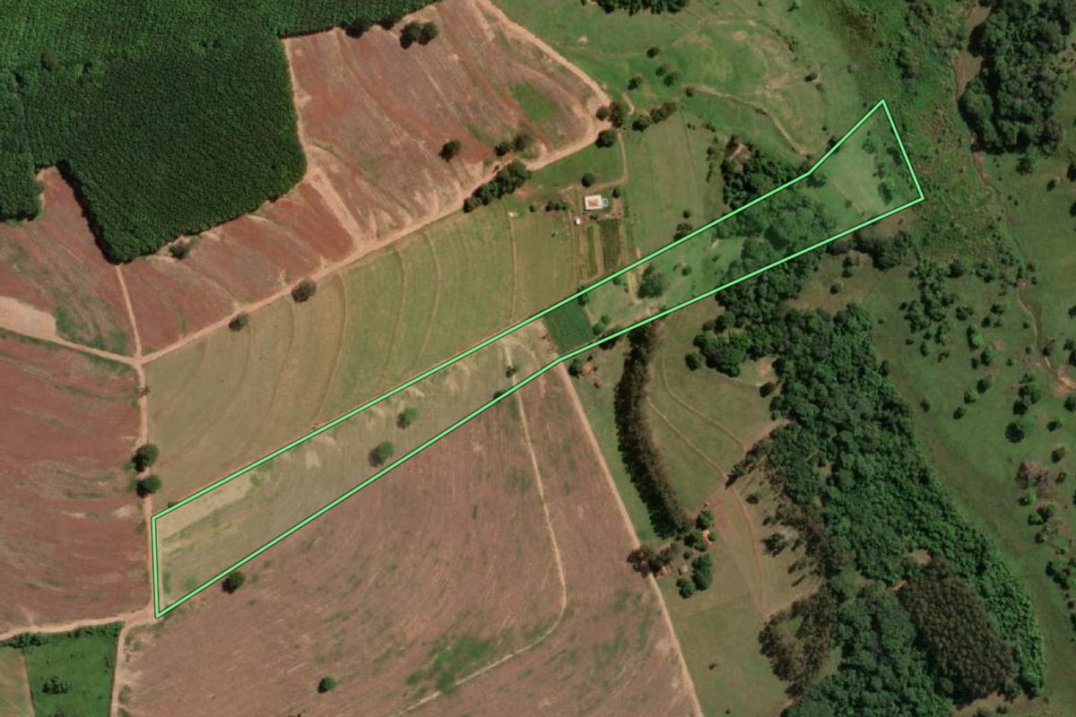 Imagem de satélite do imóvel rural em Potirendaba (SP), com o contorno declarado no CAR desenhado por cima.