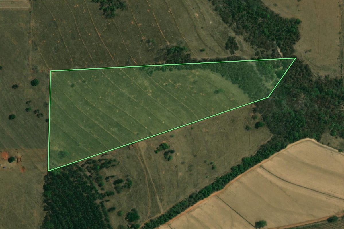 Imagem de satélite do imóvel rural em Potirendaba (SP), com o contorno declarado no CAR desenhado por cima.
