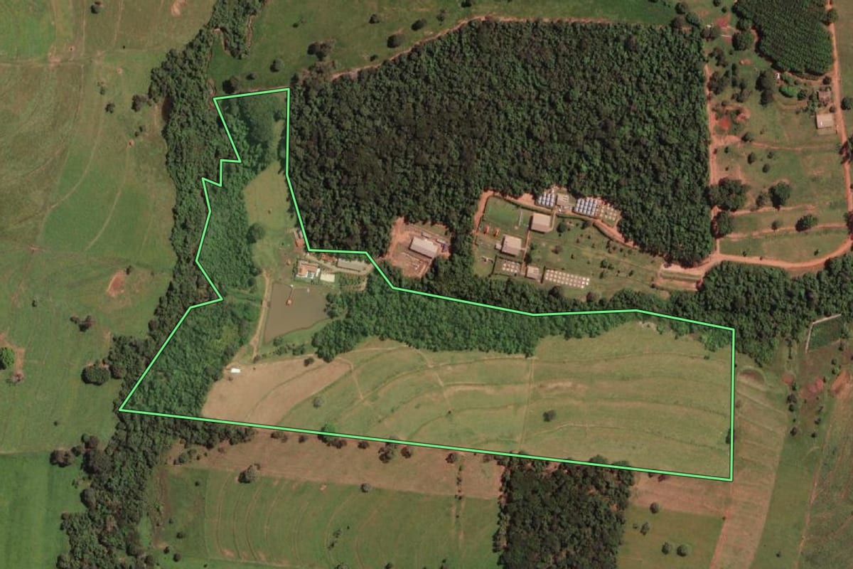 Imagem de satélite do imóvel rural em Potirendaba (SP), com o contorno declarado no CAR desenhado por cima.