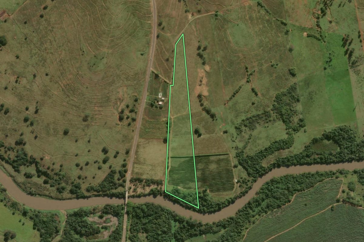 Imagem de satélite do imóvel rural em Pracinha (SP), com o contorno declarado no CAR desenhado por cima.