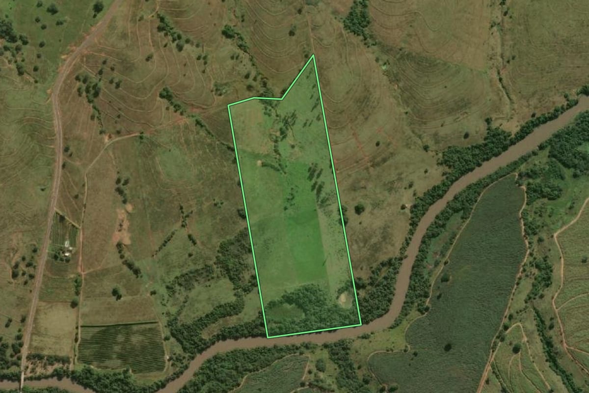 Imagem de satélite do imóvel rural em Pracinha (SP), com o contorno declarado no CAR desenhado por cima.