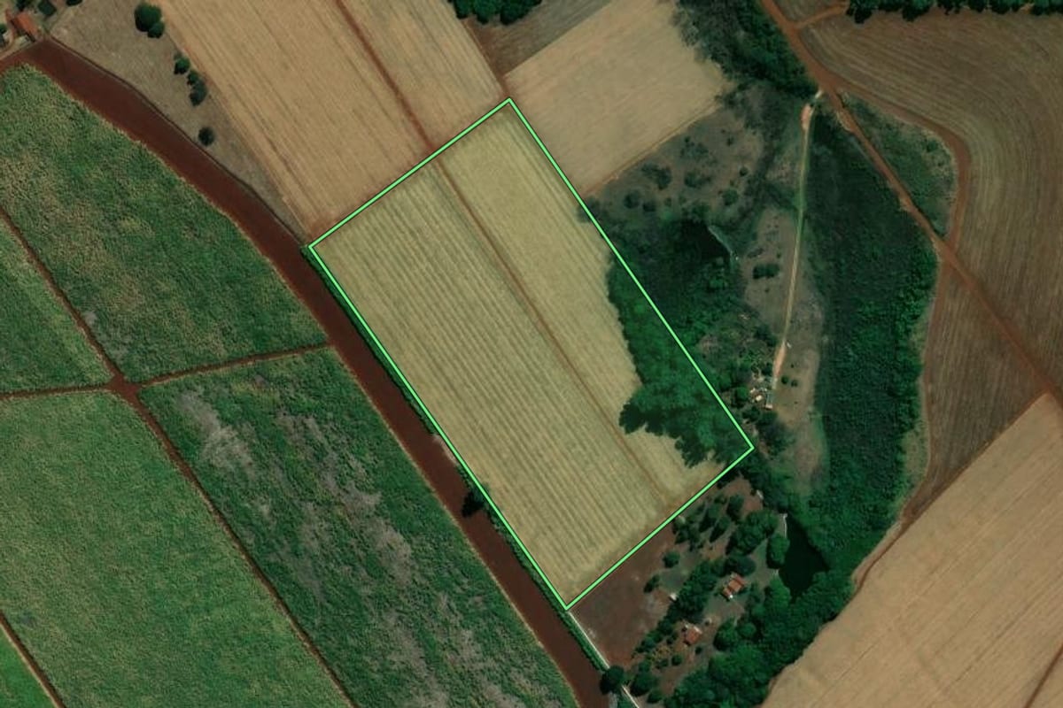 Imagem de satélite do imóvel rural em Pradópolis (SP), com o contorno declarado no CAR desenhado por cima.