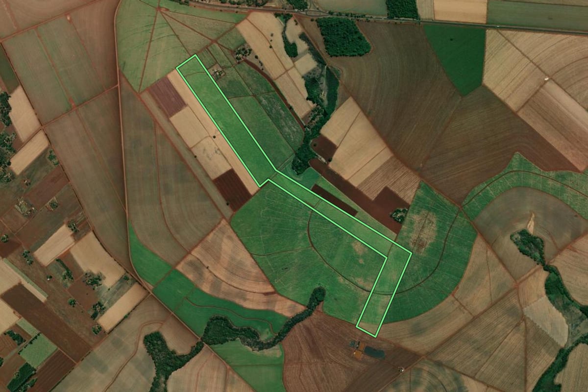 Imagem de satélite do imóvel rural em Pradópolis (SP), com o contorno declarado no CAR desenhado por cima.