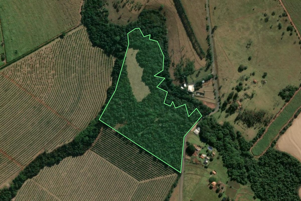 Imagem de satélite do imóvel rural em Pratânia (SP), com o contorno declarado no CAR desenhado por cima.