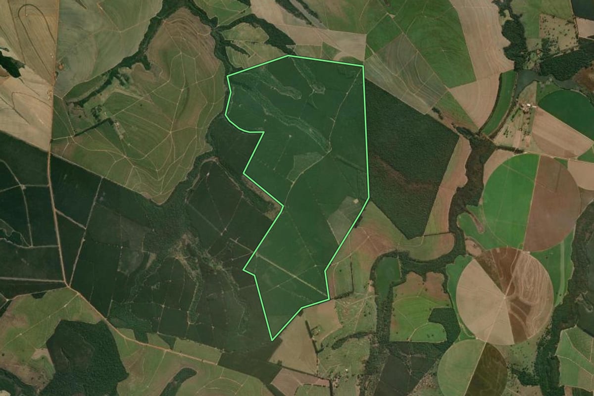 Imagem de satélite do imóvel rural em Pratânia (SP), com o contorno declarado no CAR desenhado por cima.