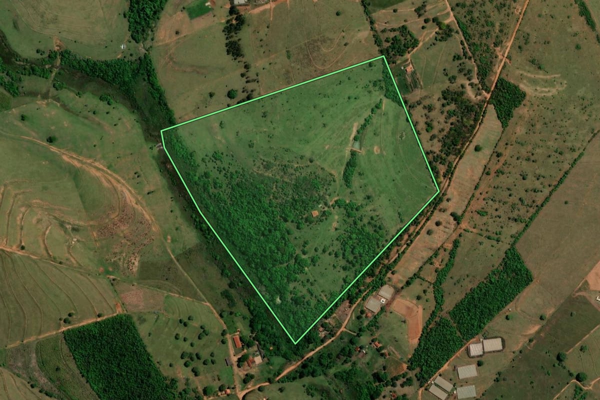 Imagem de satélite do imóvel rural em Presidente Alves (SP), com o contorno declarado no CAR desenhado por cima.