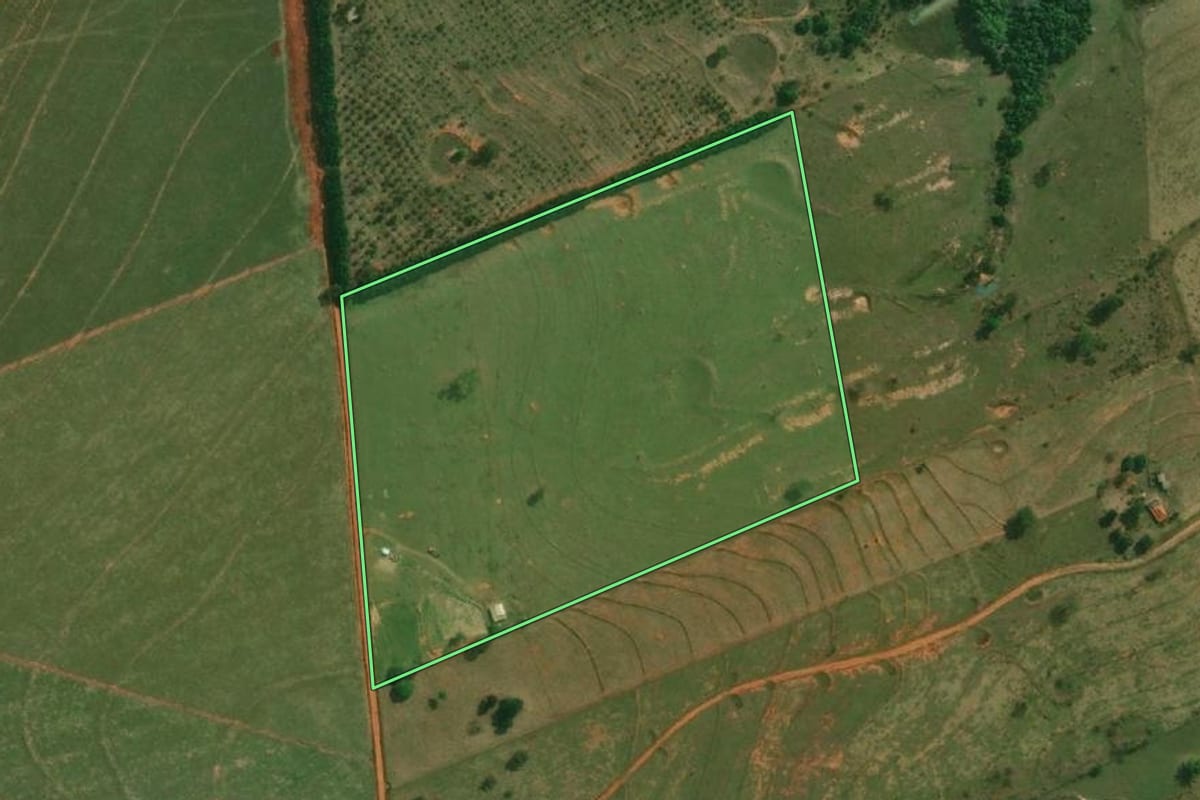 Imagem de satélite do imóvel rural em Presidente Bernardes (SP), com o contorno declarado no CAR desenhado por cima.