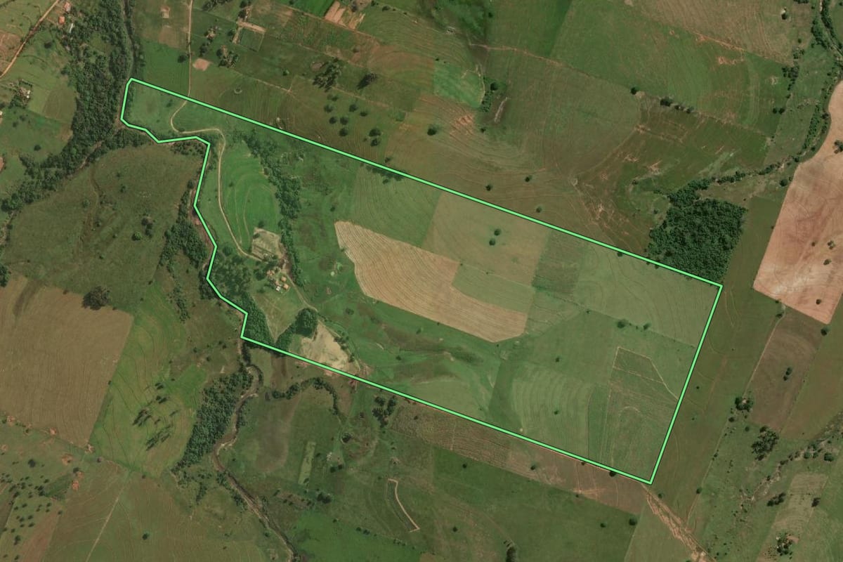 Imagem de satélite do imóvel rural em Presidente Bernardes (SP), com o contorno declarado no CAR desenhado por cima.
