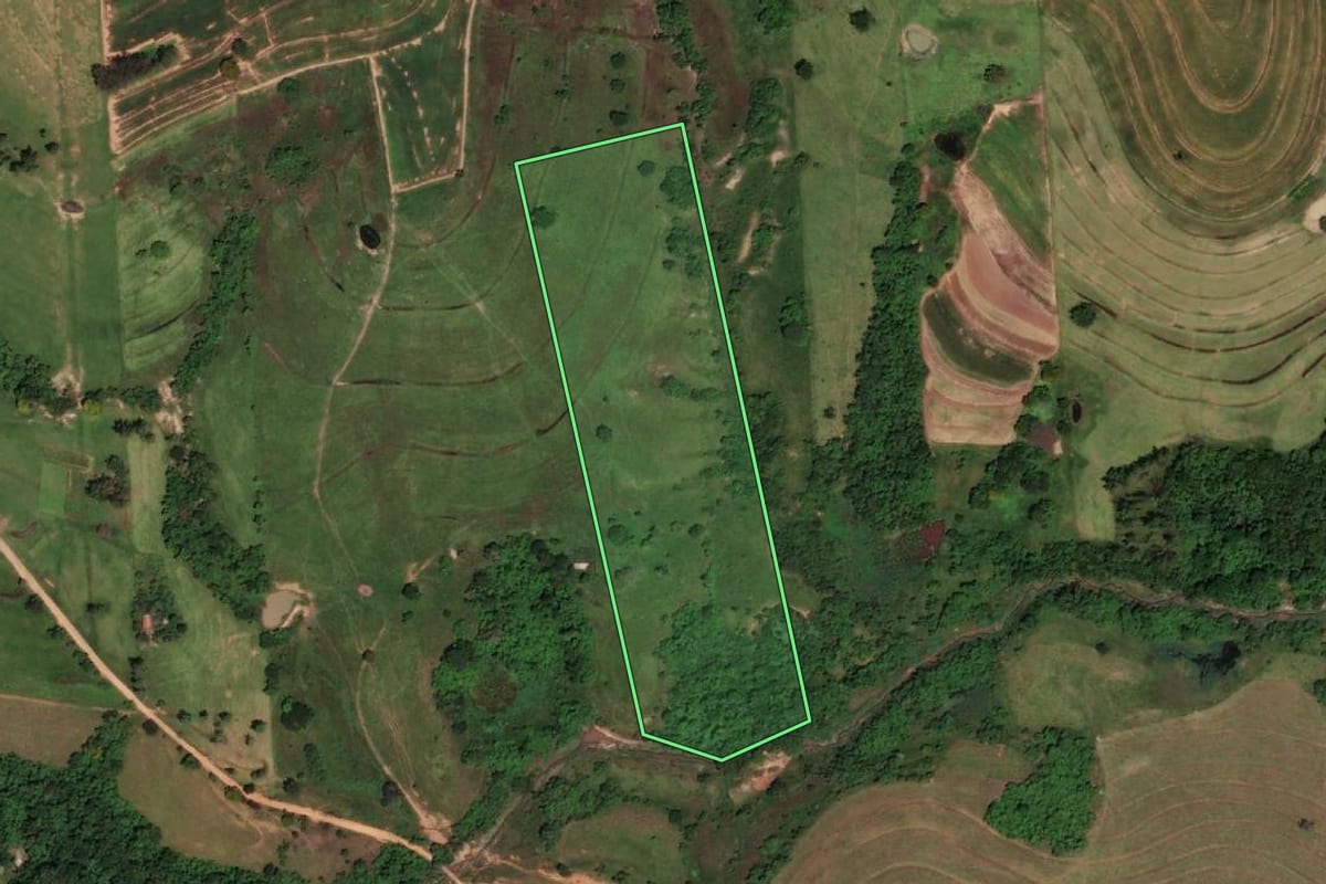 Imagem de satélite do imóvel rural em Presidente Bernardes (SP), com o contorno declarado no CAR desenhado por cima.