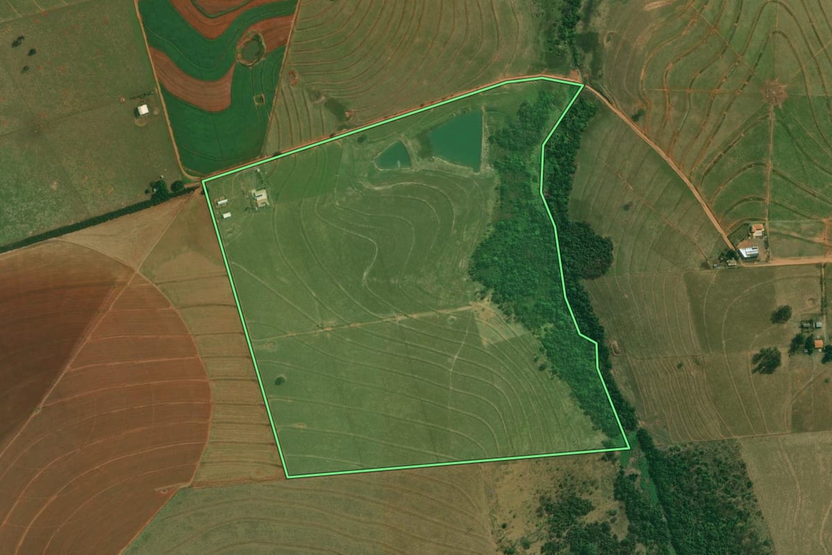 Imagem de satélite do imóvel rural em Presidente Bernardes (SP), com o contorno declarado no CAR desenhado por cima.