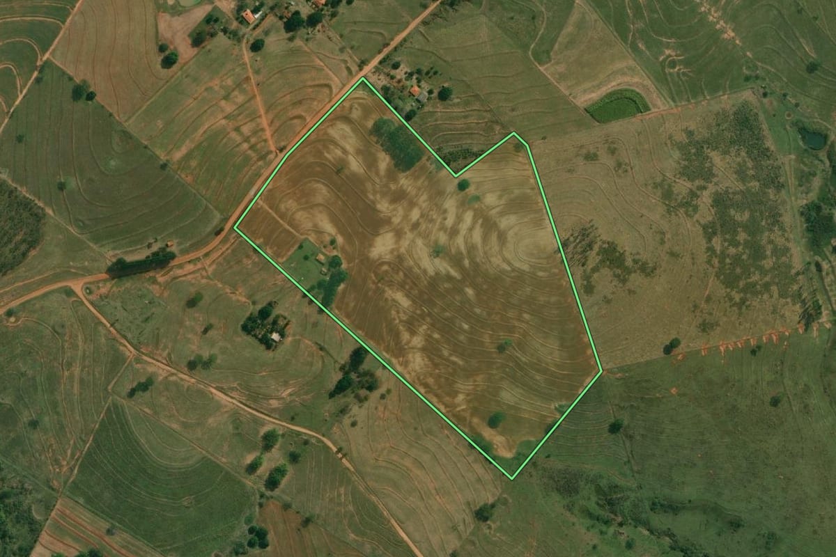 Imagem de satélite do imóvel rural em Presidente Bernardes (SP), com o contorno declarado no CAR desenhado por cima.