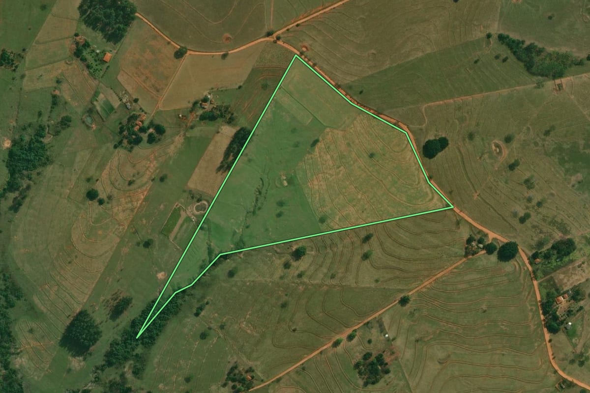 Imagem de satélite do imóvel rural em Presidente Bernardes (SP), com o contorno declarado no CAR desenhado por cima.