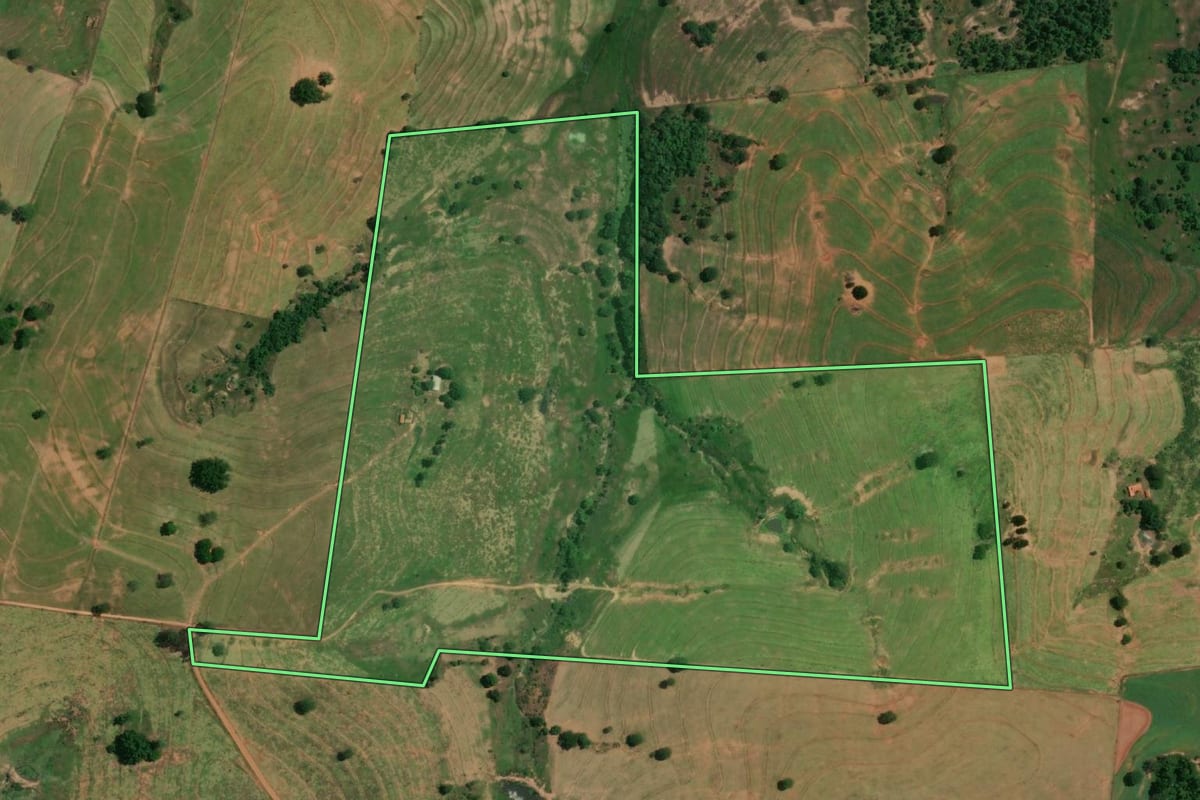 Imagem de satélite do imóvel rural em Presidente Bernardes (SP), com o contorno declarado no CAR desenhado por cima.