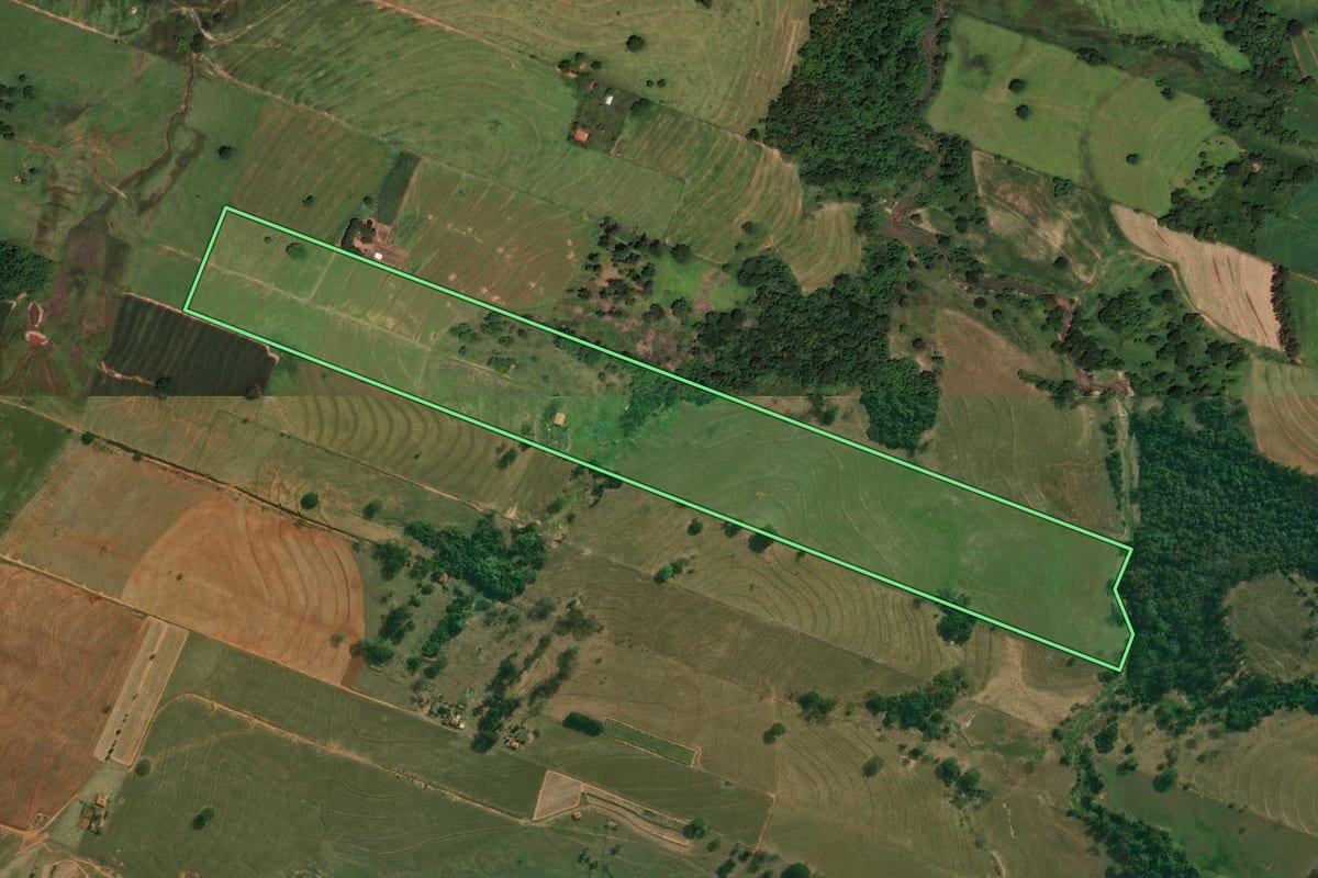 Imagem de satélite do imóvel rural em Presidente Bernardes (SP), com o contorno declarado no CAR desenhado por cima.