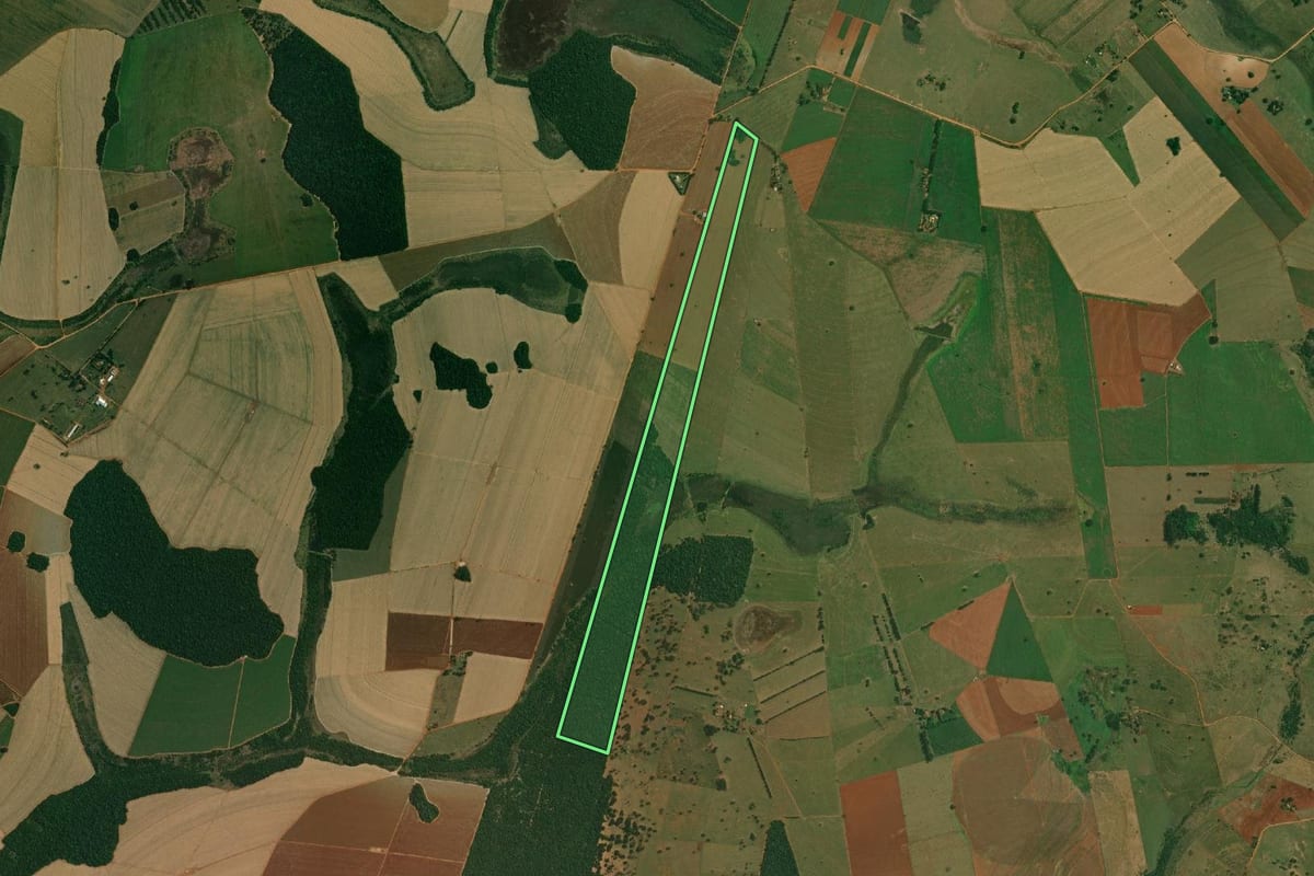 Imagem de satélite do imóvel rural em Presidente Bernardes (SP), com o contorno declarado no CAR desenhado por cima.