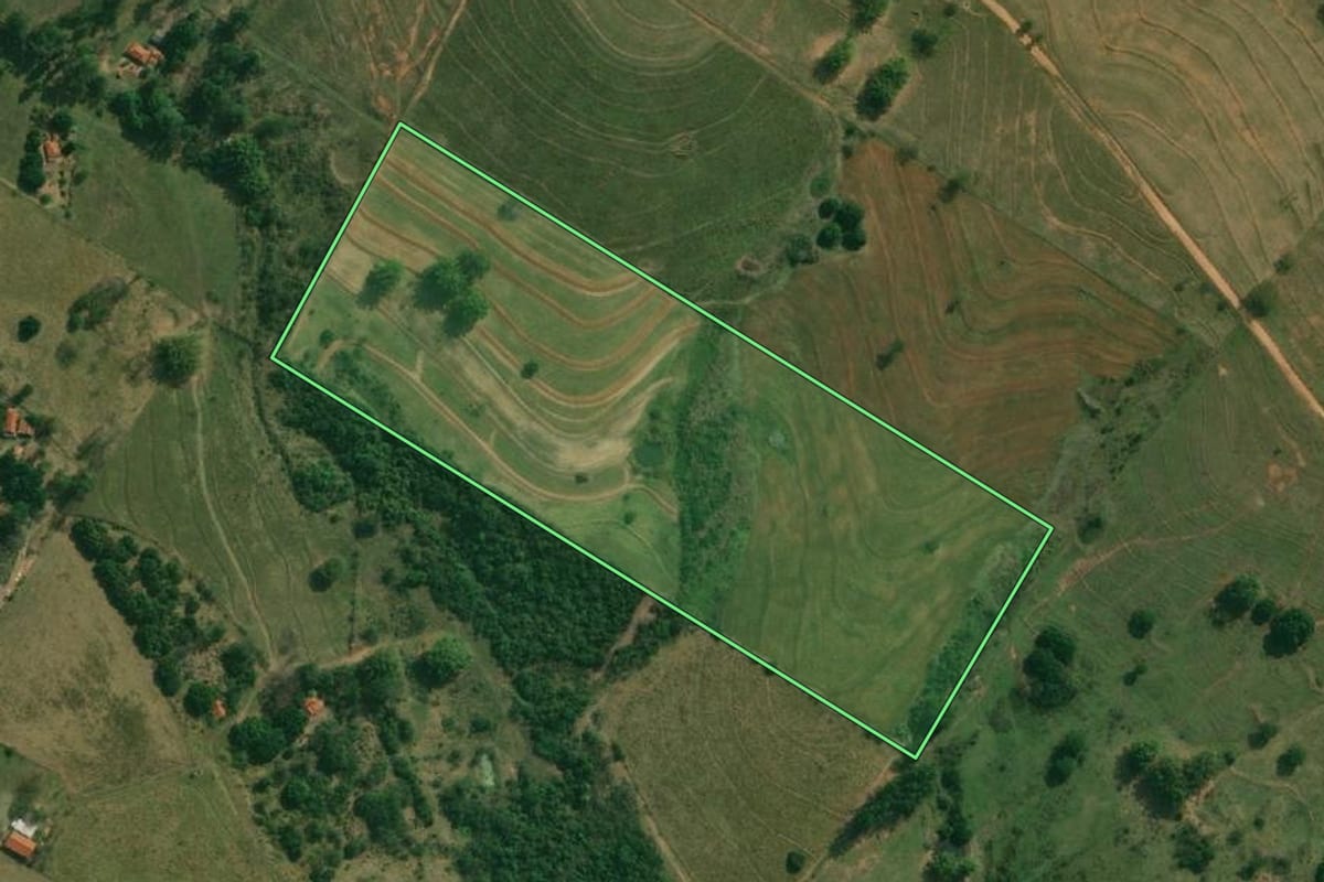 Imagem de satélite do imóvel rural em Presidente Bernardes (SP), com o contorno declarado no CAR desenhado por cima.